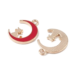 Red Alloy Enamel Pendants, Light Gold, Moon with Cat Charm, Red, 19.5x14.5x1.5mm, Hole: 2mm