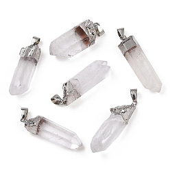 Quartz Galvanoplastie pendentifs quartz naturels, avec les accessoires en laiton, platine, 35~57x14~19x11~14mm, Trou: 5x3mm