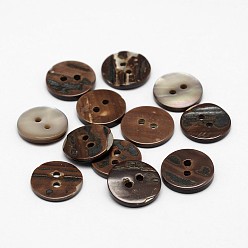 Brun De Noix De Coco 2 trous boutons de nacre de plat rond, brun coco, 13x2mm, Trou: 1.5mm, environ 500 pcs / sachet 
