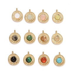 Mixed Stone Gemstone Charms, Ion Plating(IP) 304 Stainless Steel Settings, Real 18K Gold Plated, Flat Round, 13.5x11x3.5mm, Hole: 1.5mm