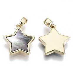 Real 18K Gold Plated Natural Black Lip Shell Pendants, with Brass Findings, Nickel Free, Star, Real 18K Gold Plated, 16.5x15.5x2.5mm, Hole: 2x4mm