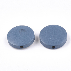 Steel Blue Painted Natural Wood Beads, Flat Round, Steel Blue, 15~15.5x4mm, Hole: 1.8mm