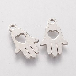 Stainless Steel Color 304 Stainless Steel Charms, Laser Cut, Hamsa Hand/Hand of Fatima/Hand of Miriam with Heart, Stainless Steel Color, 15x9.5x1.2mm, Hole: 1mm