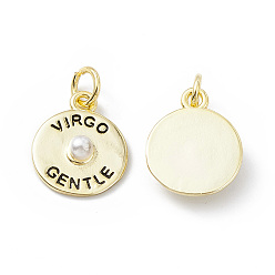 Real 18K Gold Plated Rack Plating Brass Enamel Pendants, with Plastic Imitation Pearl, Long-Lasting Plated, Lead Free & Cadmium Free, Flat Round with Word VIRGO GENTLE Charm, Real 18K Gold Plated, 14x12x4mm, Hole: 3mm