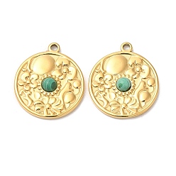 Malachite Ion Plating(IP) 316 Stainless Steel Flat Round Pendants, Synthetic Malachite Flower Charms, Real 24K Gold Plated, 23x20x4mm, Hole: 1.8mm