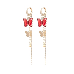 Rouge Créoles pendantes papillon en verre avec zircone cubique transparente, Boucles d'oreilles long pompon laiton doré pour femme, rouge, 95mm, pin: 1 mm
