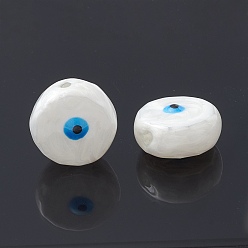 Blanco Perlas de vidrio, con esmalte, redondo plano con patrón de mal de ojo, blanco, 14~14.5x9 mm, agujero: 1.2 mm