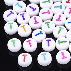Letter T Initial Acrylic Beads, Horizontal Hole, Flat Round, Mixed Color, Letter.T, 7x3.5~4mm, Hole: 1.2mm, about 3700pcs/500g