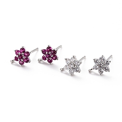 Mixed Color Brass Micro Pave Cubic Zirconia Stud Earrings Findings, Cadmium Free & Lead Free, Flower with Loop, Platinum, Mixed Color, 9.5x6.5x3mm, Hole: 0.8mm, Pin: 0.9mm