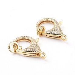 Real 18K Gold Plated Brass Micro Pave Cubic Zirconia Lobster Claw Clasp, Long-Lasting Plated, Clear, Real 18K Gold Plated, 26.4x18.5x6mm, Hole: 2.8mm