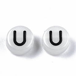 Letter U Acrylic Beads, with Enamel and Luminous, Horizontal Hole, Flat Round with Black Letter, Glow in the Dark, Light Grey, Letter.U, 7x3.5mm, Hole: 1.5mm, about 3600~3700pcs/500g