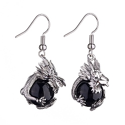 Obsidienne Boucles d'oreilles dragon en obsidienne naturelle, bijoux en laiton platine pour femme, 42mm, pin: 0.6 mm