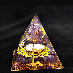 Amatista Símbolo de runa vikinga decoraciones de exhibición de resina de pirámide de orgonita, con chips de amatista natural en el interior, para el escritorio de la oficina en casa, 50~60 mm
