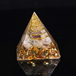 Quartz Lodolite Décorations d'affichage en résine pyramidale d'orgonite, avec les accessoires en laiton, feuille d'or et éclats de quartz lodolite naturel à l'intérieur, pour bureau à domicile, 30mm