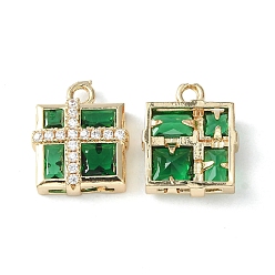 Green Brass Pave Cubic Zirconia Pendants, Light Gold, Gift Box Charm, Green, 15x12.5x5mm, Hole: 1.6mm