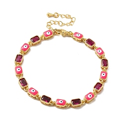 Cerise Bracelet chaîne à maillons rectangulaires en émail mauvais œil et zircone cubique, bijoux en laiton doré pour femme, cerise, 7-1/4 pouce (18.5 cm)