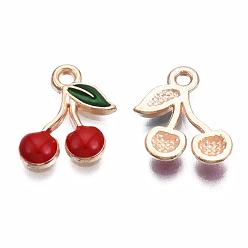 Red Alloy Enamel Charms, Cherry, Light Gold, Red, 13x12x2mm, Hole: 1.6mm