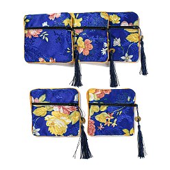 Blue Chinese Style Floral Cloth Jewelry Storage Zipper Pouches, Square Jewelry Gift Case with Tassel, for Bracelets, Earrings, Rings, Random Pattern, Blue, 115x115x7mm