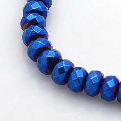 Blue Plated Electroplate Non-magnetic Synthetic Hematite Beads Strands, Faceted Rondelle, Blue Plated, 6x4mm, Hole: 1mm, about 102pcs/strand, 15.7 inch
