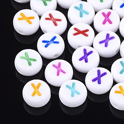 Letter X Initial Acrylic Beads, Horizontal Hole, Flat Round, Mixed Color, Letter.X, 7x3.5~4mm, Hole: 1.2mm, about 3700pcs/500g