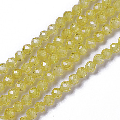 Jaune Perles de zircon cubique, facette, ronde, jaune, 3x2.5~3mm, Trou: 0.3mm, Environ 114~141 pcs/chapelet, 15.1~16.4 pouce (38.4~41.8 cm)