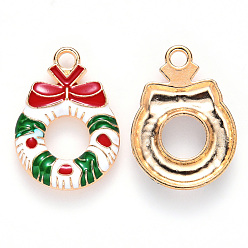 Colorful Alloy Enamel Pendants, for Christmas, Christmas Wreath with Bowknot, Light Gold, Colorful, 23x16x3mm, Hole: 2mm