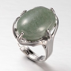 Зеленый Авантюрин Регулируемая овальная драгоценный камень широко диапазона кольца, с латунной фурнитурой платинового цвета, размер США 7 1/4 (17.5 мм)