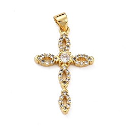 Real 18K Gold Plated Brass Micro Pave Clear Cubic Zirconia Pendants, Cross, Real 18K Gold Plated, 28x17.5x3.5mm, Hole: 4x3mm