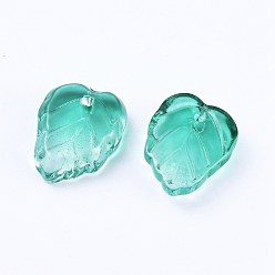 Cyan Two-Tone Transparent Glass Charms, Leaf, Cyan, 13.5x10.5x3.5mm, Hole: 1.2mm