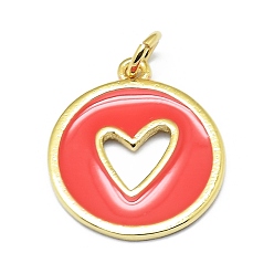 Red Brass Enamel Pendants, Round with Cut Out Heart, Real 18K Gold Plated, Long-Lasting Plated, Red, 18x15.5x1mm, Hole: 3mm, Jump rings: 5x0.7mm