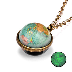 Turquoise Luminous Glass Planet Pendant Necklace with Antique Golden Alloy Chains, Turquoise, 19.69 inch(50cm)