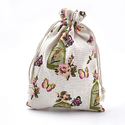 Colorful Polycotton(Polyester Cotton) Packing Pouches Drawstring Bags, with Printed Flower, Colorful, 18x13cm