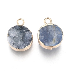 Steel Blue Natural Druzy Agate Pendants, with Real 18K Gold Plated Brass Finding, Long-Lasting Plated, Flat Round, Dyed, Steel Blue, 18~20x14x5~10mm, Hole: 2~3mm