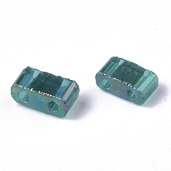 Teal 2-Hole Transparent Glass Seed Beads, AB Colours, Rectangle, Teal, 4.5~5.5x2~2.5x2~2.5mm, Hole: 0.7mm