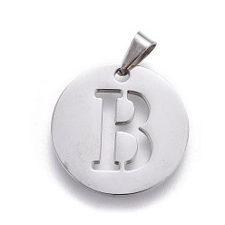 Letter B 201 Stainless Steel Pendants, Flat Round with Letter, Stainless Steel Color, Letter.B, 24.5x19.7x1.3mm, Hole: 4x3mm