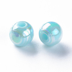 Bleu Ciel Perles acryliques opaques, de couleur plaquée ab , ronde, bleu ciel, 8x7mm, Trou: 2mm, environ1745 pcs / 500 g