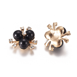 Black Alloy Cabochons, with Crystal Rhinestone & Acrylic Imitation Pearl, Flower, Light Gold, Black, 19~20x21~22x10mm