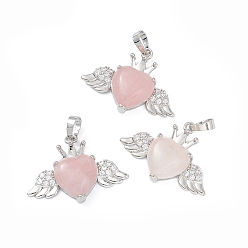 Rose Quartz Natural Rose Quartz Pendants, Heart Charms with Wings & Crown, with Platinum Tone Brass Crystal Rhinestone Findings, 26x35.5x8mm, Hole: 8x5mm