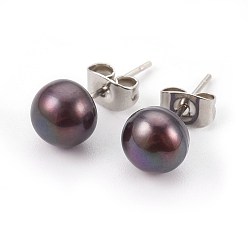 Negro Perlas naturales pernos prisioneros del oído, con 304 fornituras de acero inoxidable, rondo, negro, 16~18x5~7 mm, pin: 0.7 mm