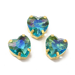 Aquamarine Moonlight Effect Heart Sew on Rhinestone, Multi-strand Links, with Golden Tone Brass Prong Settings, Garments Accessories, Aquamarine, 12x12x7mm, Hole: 1.4mm