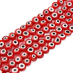 Red Handmade Lampwork Beads, Evil Eye, Flat Round, Red, about 8mm in diameter, 4mm thick, hole: 1mm, about 50pcs/strand