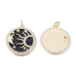 Real 18K Gold Plated Brass Pave Clear Cubic Zirconia Pendants, with Jump Rings and Enamel, Cadmium Free & Nickel Free & Lead Free, Flat Round with Sun & Moon & Star, Real 18K Gold Plated, 22x20x2.5mm, Jump Ring: 5x1mm, 3mm inner diameter