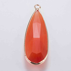 Coral Glass Pendants, with Brass Finding, Faceted, teardrop, Golden, Coral, 43x14x5.5mm, Hole: 2mm