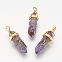 Violet Foncé Pendentifs en regalite synthétiques, avec les accessoires en laiton, teint, balle, or, violet foncé, 35~41x12.8x10mm, Trou: 3x4mm