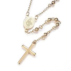 Golden 304 Stainless Steel Rosary Bead Necklaces, with Cross Pendant and Lobster Claw Clasps, Golden, 25.6 inch(65cm)