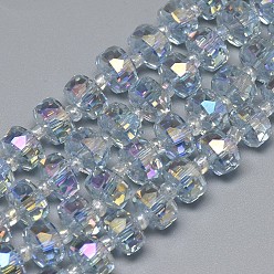 Light Steel Blue Electroplate Glass Beads Strands, Rainbow Plated, Faceted, Flat Round, Light Steel Blue, 7~8x5mm, Hole: 1mm, about 80pcs/strand, 21.26 inch