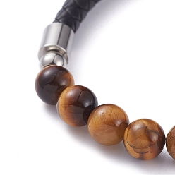 Tiger Eye Unisex Leather Cord Bracelets, with Natural Tiger Eye Round Beads, 304 Stainless Steel Magnetic Clasps and Rondelle Beads, with Cardboard Packing Box, 8-1/8 inch(20.5cm)