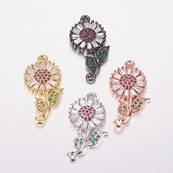 Mixed Color Brass Micro Pave Cubic Zirconia Links, Flower, Colorful, Mixed Color, 24x13x3mm, Hole: 1mm