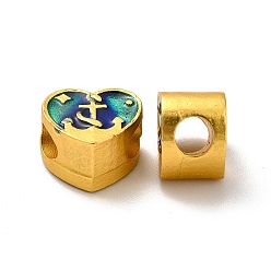 Dark Turquoise Rack Plating Alloy Enamel European Beads, Large Hole Beads, Cadmium Free & Lead Free, Matte Gold Color, Heart with Cross Pattern, Dark Turquoise, 9x10.5x7mm, Hole: 4mm