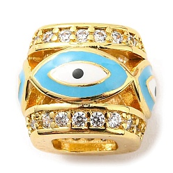 Light Sky Blue Rack Plating Brass Micro Pave Cubic Zirconia European Beads, with Enamel, Large Hole Beads, Lead Free & Cadmium Free, Barrel with Evil Eye, Real 18K Gold Plated, Light Sky Blue, 10x12x12mm, Hole: 5.5mm
